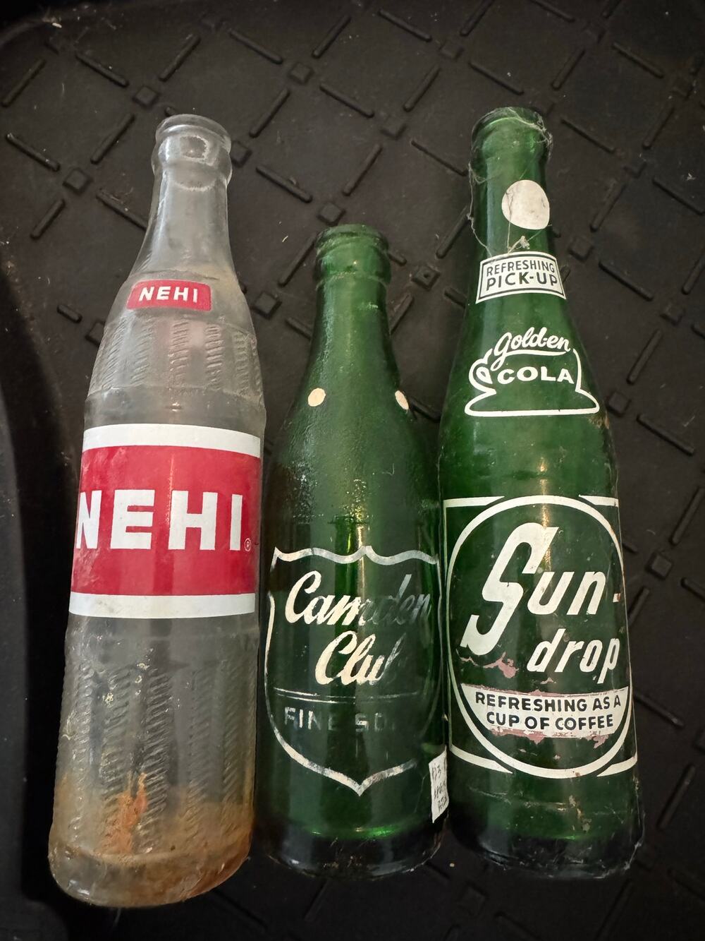 Vintage Lot of 3 ACL Glass Soda Bottles Nehi Camden Club Sun Drop Golden Cola